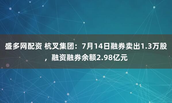 盛多网配资 杭叉集团:7月14日融券卖出1.3万股,融资融券余额2.98亿元